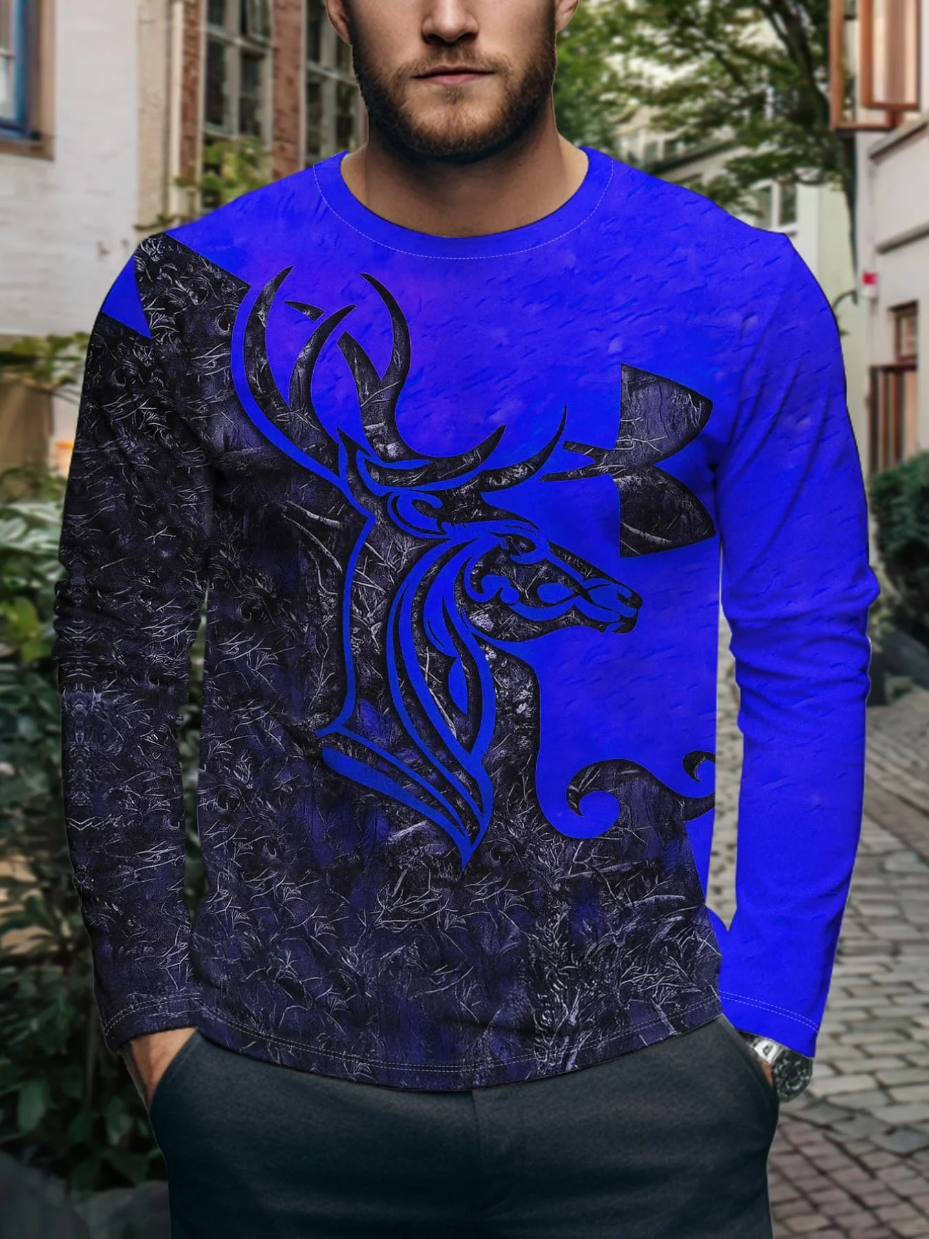 New Arrivals Vibrant Deer Skull Hunting Print Long Sleeve T Shirt Unisex Crew Neck Non Casual Top for Outdoor Wilderness Hunting