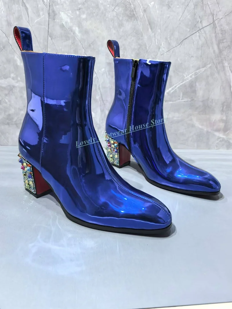 Bling Patent Leather Man Blue High Top Boots 5CM Square High Heel With Colorful Crystal Male Autumn Winter Wedding Ankle Boots