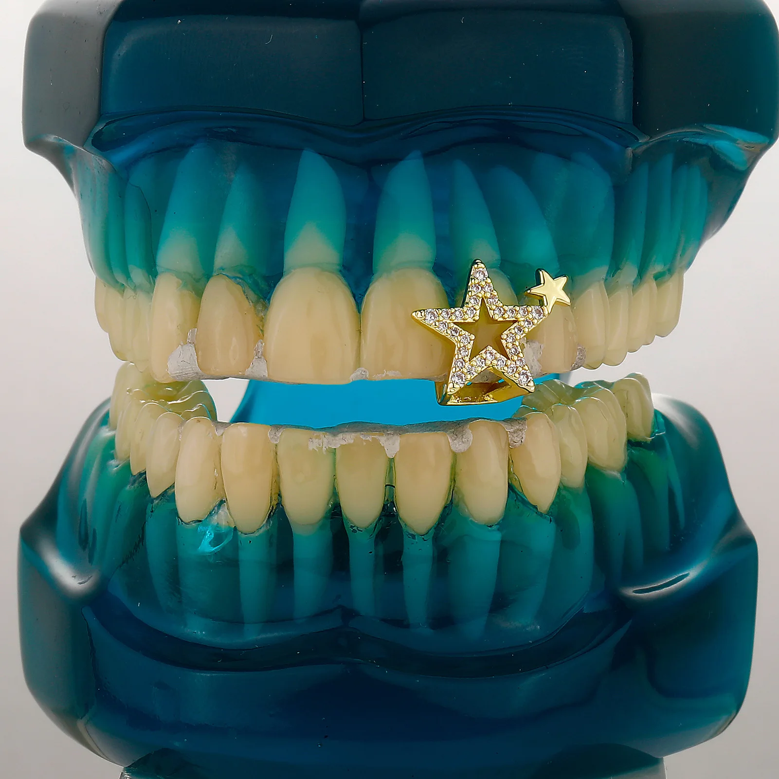 JINAO Hip-Hop Doppelstern-Zähne mit Zirkonia, einzelner hohler Grillz für Herren, glänzender Grill für Ober- und Unterkiefer, Punk-Rapper, Weihnachtsgeschenk – Detail 2