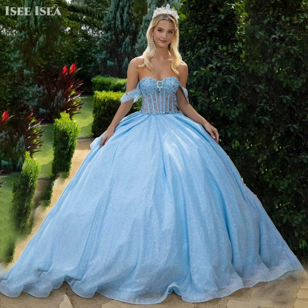 

Блестящие платья Quinceanera с открытыми плечами и большим бантом из бисера, платье quinceañeras, вечернее платье для выпускного вечера по индивидуальному заказу