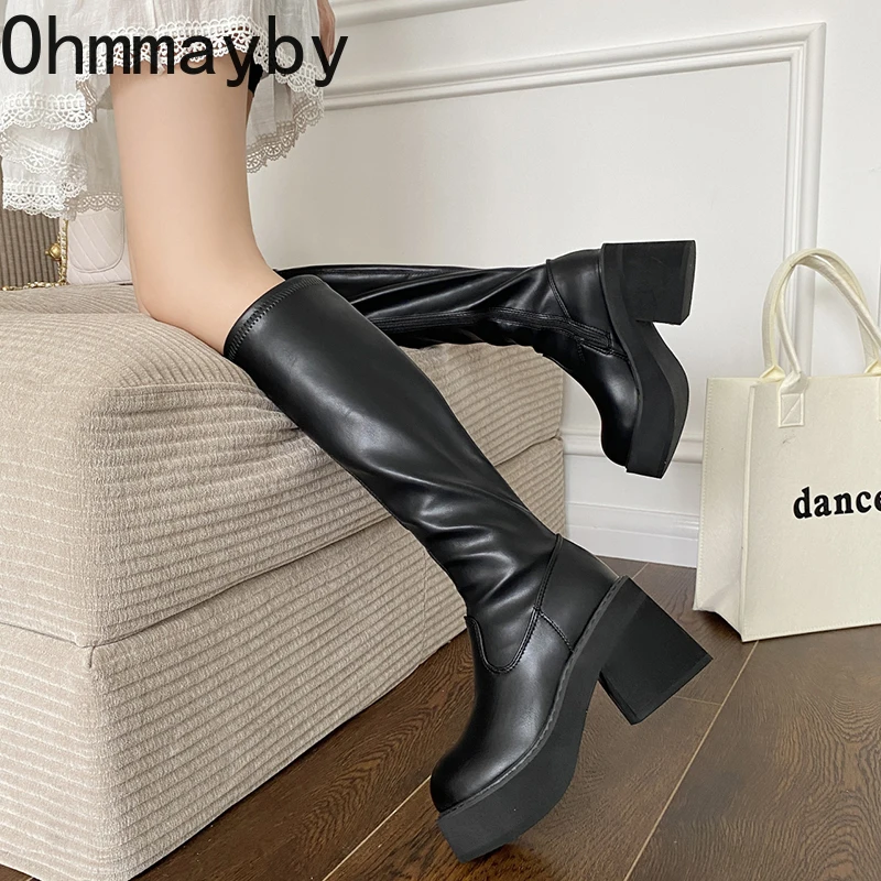 Street Style Platform Women Knee High Boots Fashion Thick Heels Shoes Autumn Winter Patent Leather Concise Long Botas De Mujer