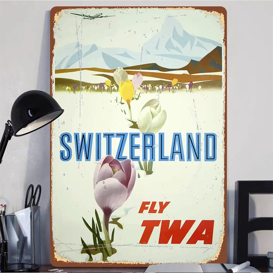 Vintage Switzerland Landscape Metal Wall Art Snow Mountain Airplane Flower Decor TWA Aviation Poster Style Home Decoration