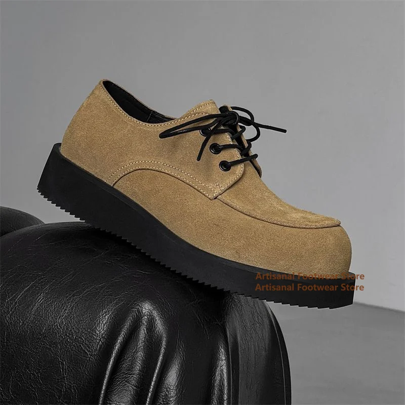 

Round Toe Suede Flat Single Shoes Retro Loafers Men's Thick-Soled Height Increasing Leather Casual Shoes Men's Derby Shoes