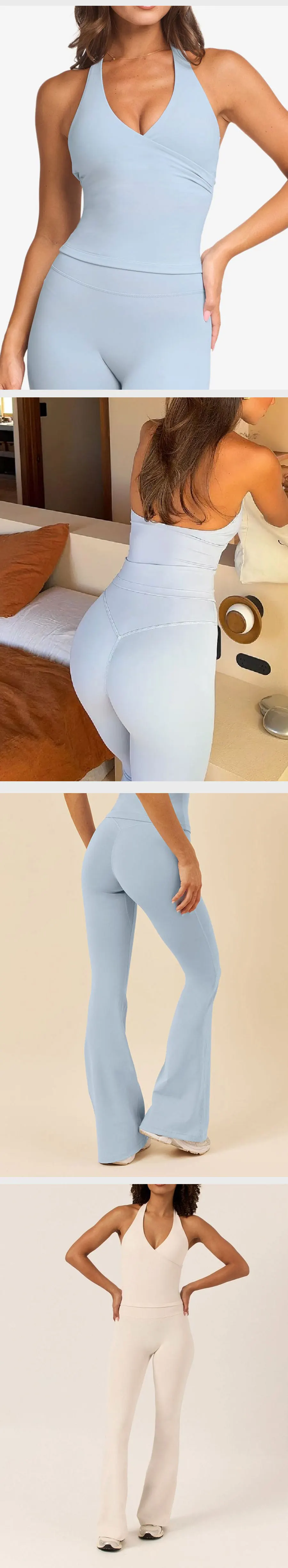 Flare-Leggings-Set, V-Ausschnitt-Neckholder-Top mit integriertem BH & High-Waist-Leggings, Fitness-Gym-Bekleidung – Detail 4