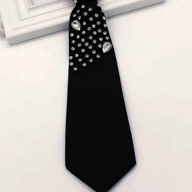 Rhinestones Embellished Necktie for Women Men Student Elegant Pre Tied Adjustable Black Ties for Uniform School Shirt Dropship