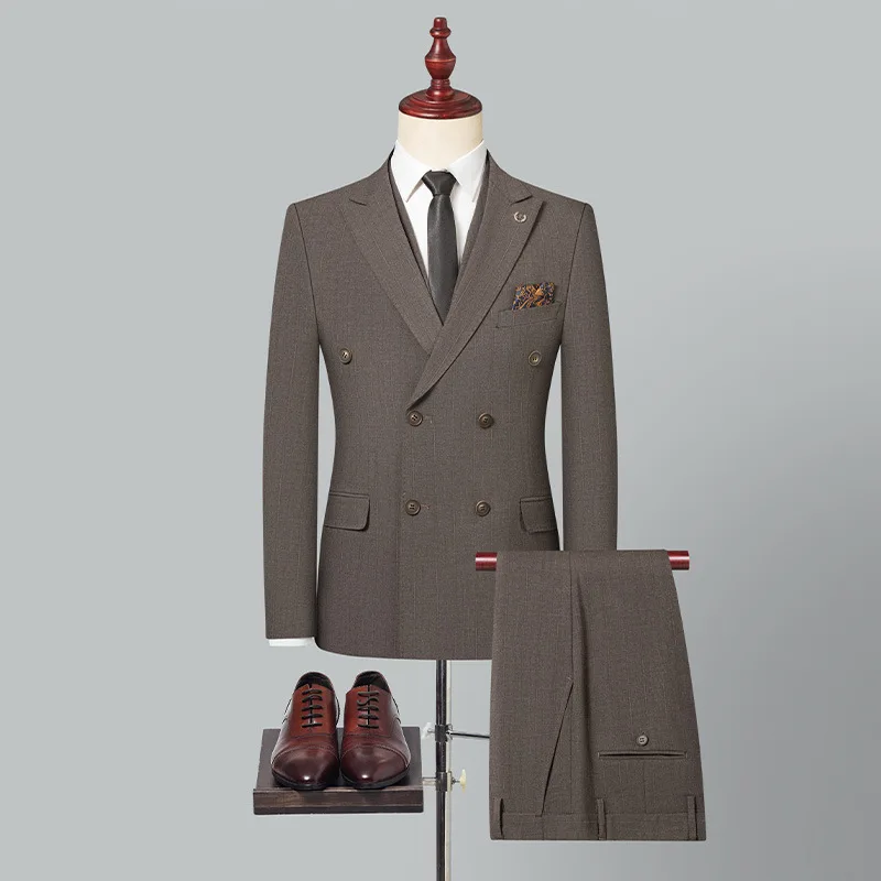 

KIDWHXR Men Suit Outfit Fashion Simple Solid Color Slim Business Casual Male 3-piece Set Double-breasted Long Sleeve Man Suits