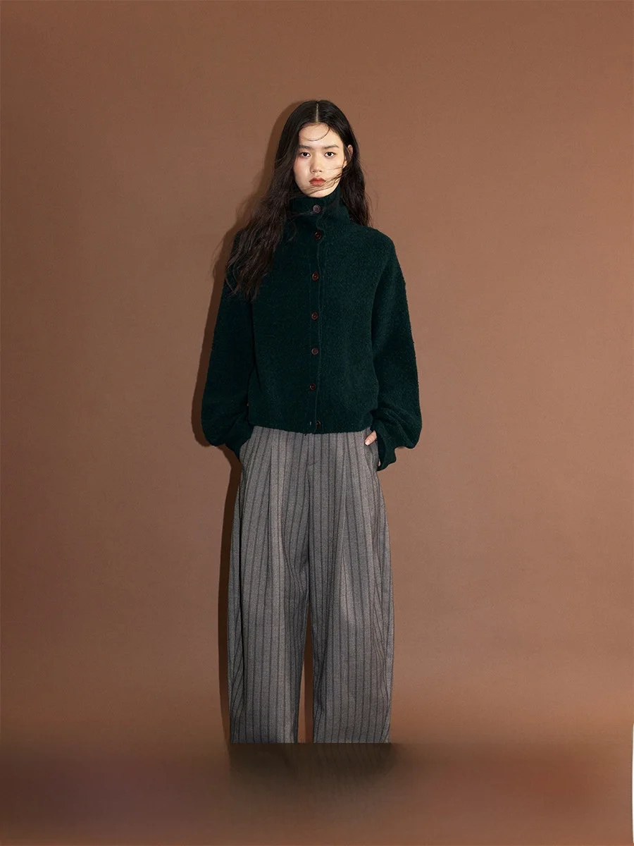 

CAREMIND American Retro Vertical Stripe Pleated Women's Casual Pants High Waist Zipper Polyester Fiber Straight Leg Trousers