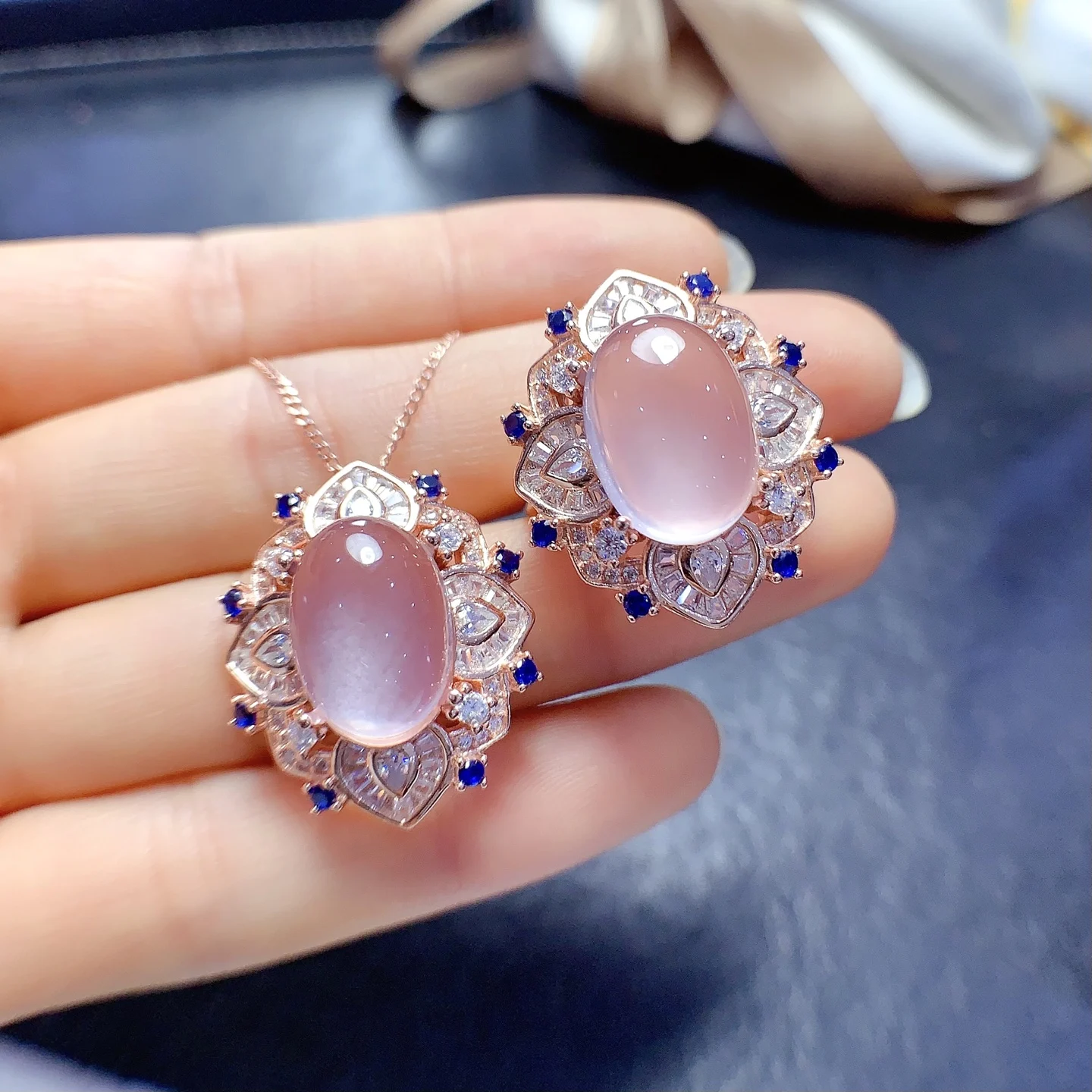 

FS 10*14mm Natural Rose Quartz S925 Sterling Silver Ring Pendant 2PC Set for Women Fine Charm Weddings Jewelry MeiBaPJ