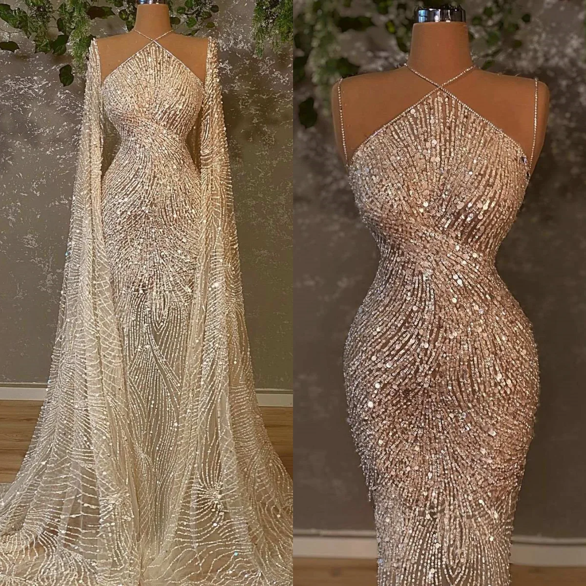 

Exquisite Sequins Evening Dresses Halter Neck Sleeveless With Cape Prom Gowns Beaded Formal Dresses Custom Made