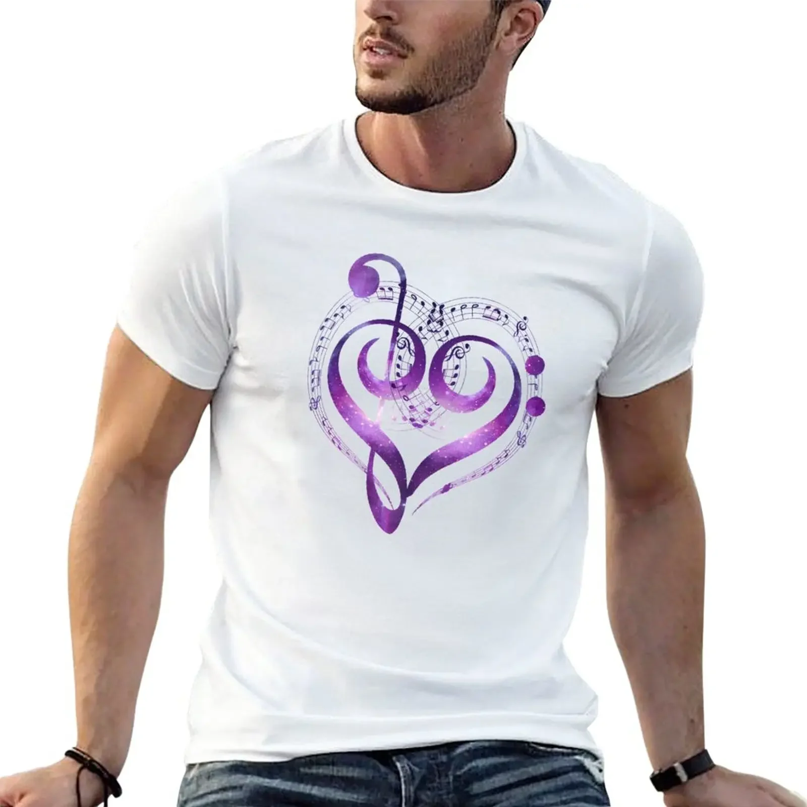 New Galaxy Heart Music Treble Clef Bass  2 T-Shir black  shir Anime -shir funny  shirs for men