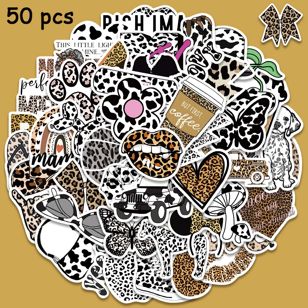 50pcs Leopard Cow Print Stickers Black And White Decals Waterproof Vinyl Scrapbook Laptop Skateboard Phone Luggage Stickers