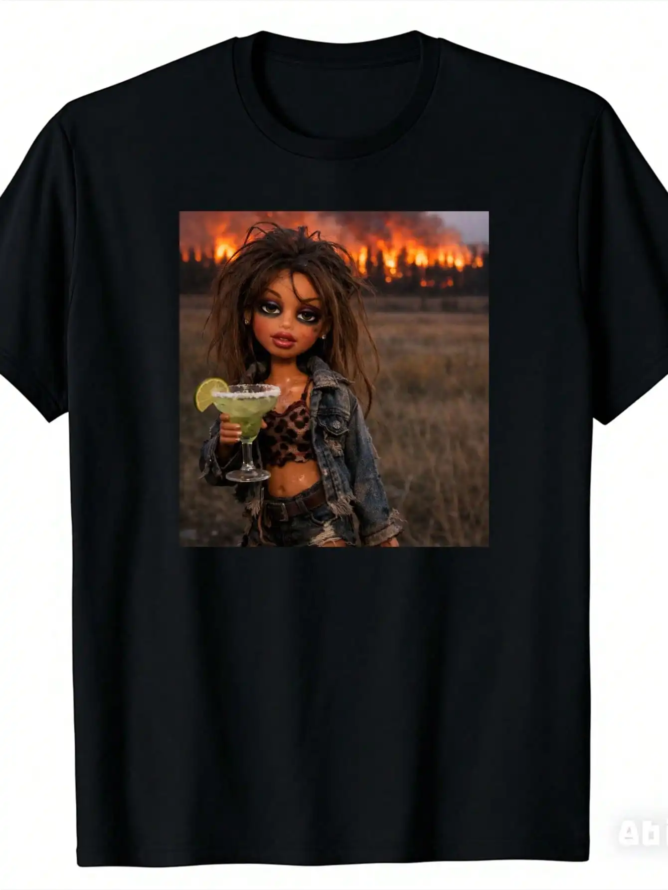 Wildfire Background Cocktail Fun Doll Pattern Unisex Black Printed T-Shirt Casual Wear Gift Choice Pure Fashion Versatile Holiday Style Plus Size