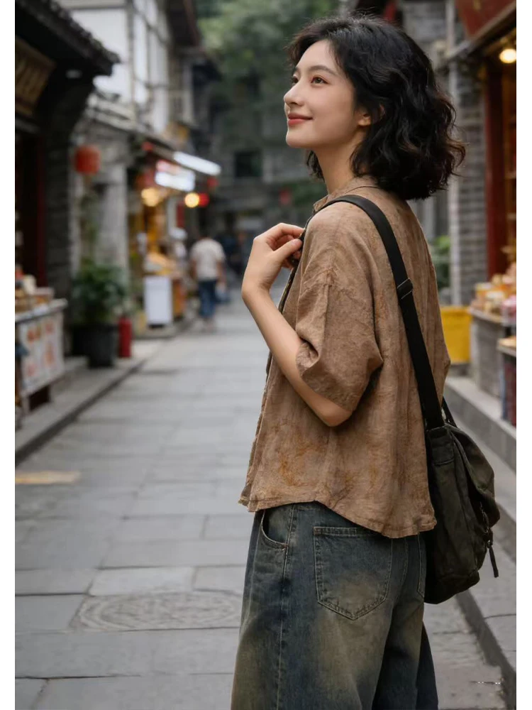 Amax LuluE 2026 Korean Summer Clothes Womens Fashion Patchwork O Neck Tee Shirts Ladies Classic Casual Vintage Loose Cotton Tops