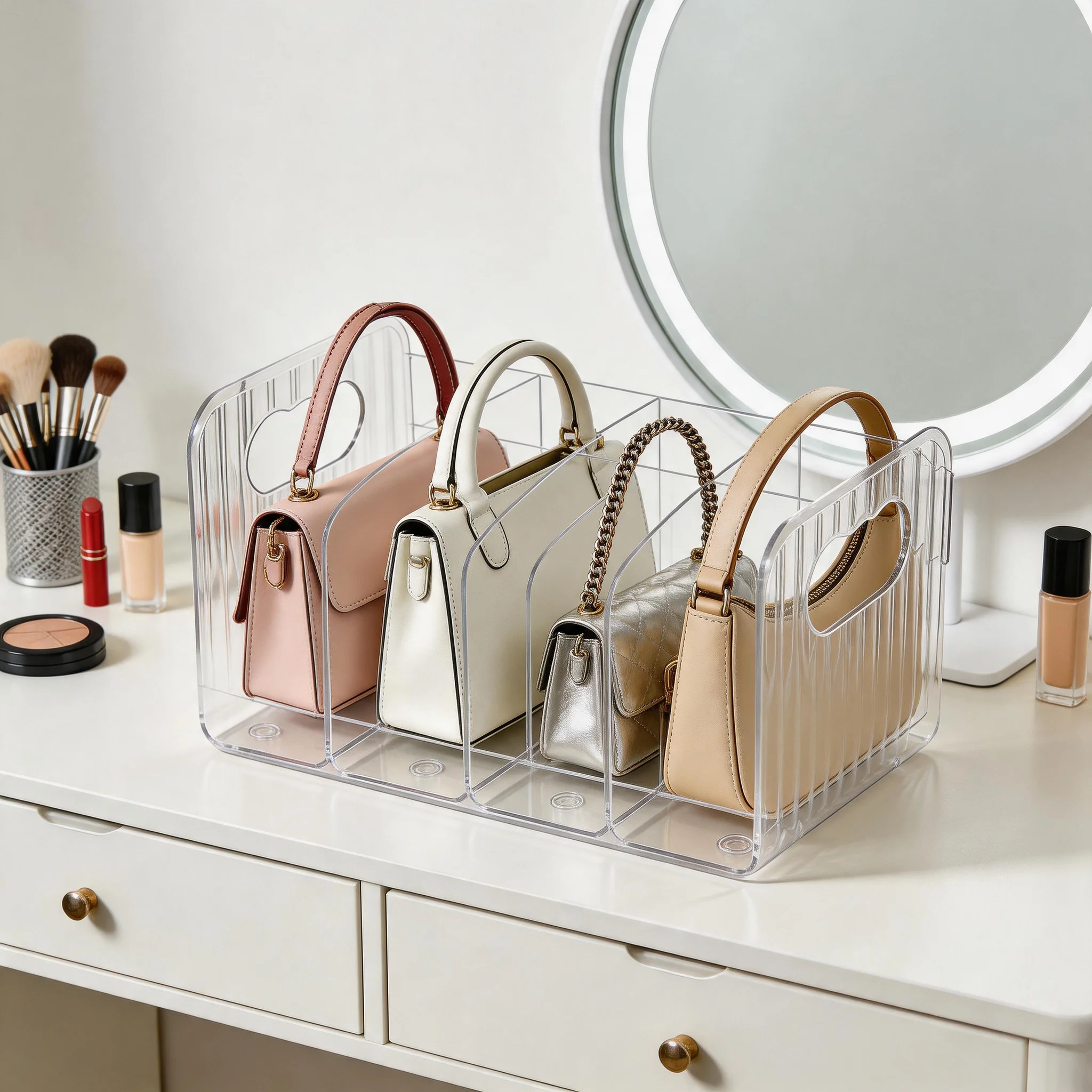 1pc Transparent Acrylic Bag Organizer Rack,Multi‑Functional 4 Section Shelf Divider for Handbags Crossbody Bags Wardrobe Storage