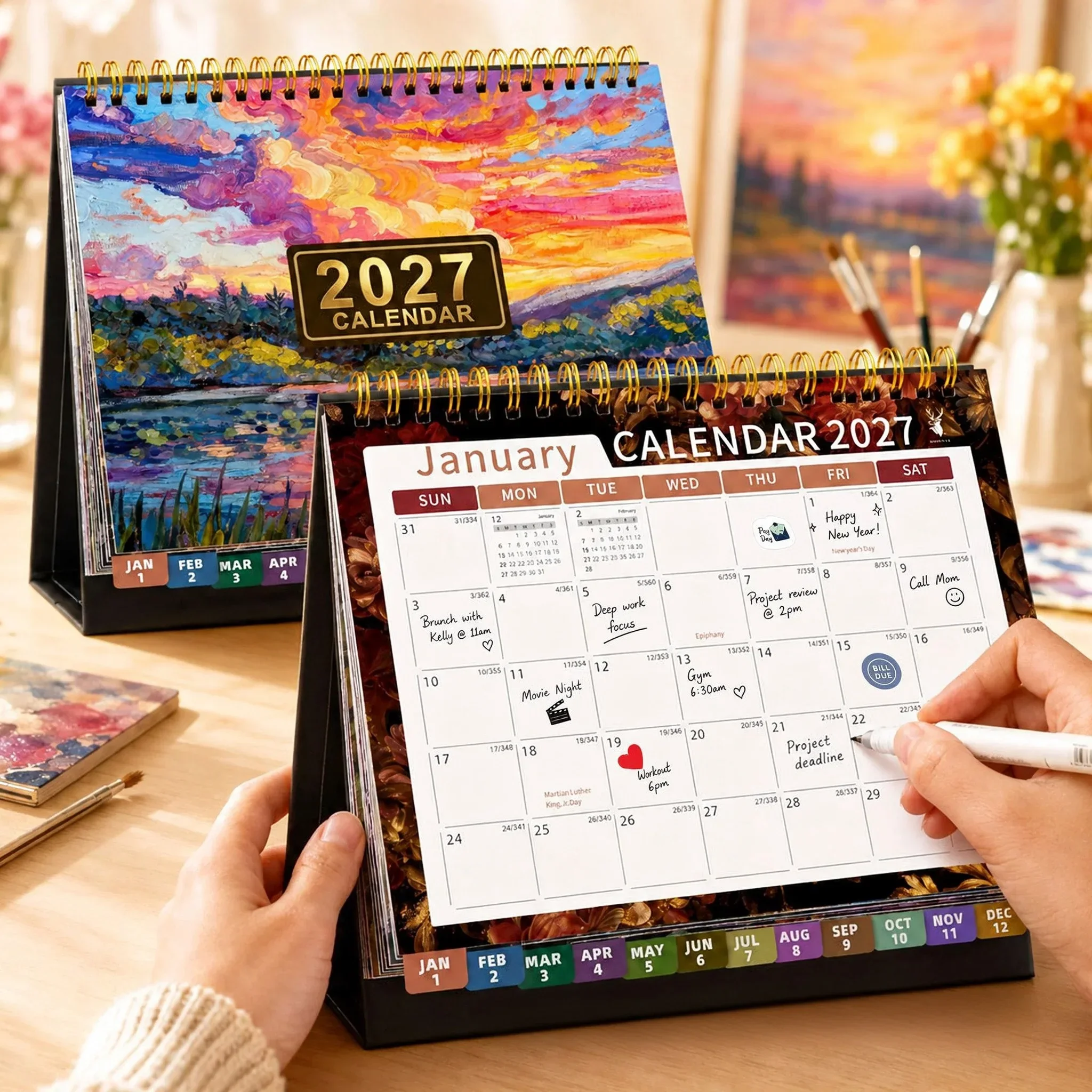 2027 New Calendar Planner Desk Organizer with Monthly Tabs Stickers for Time Management Habit Tracking Daily Task