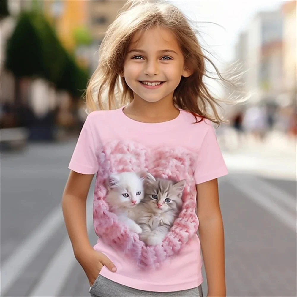 Cat Short Sleeve Horse Child Tshirt Summer Kawaii Kid T-Shirt For Children Tops Fashion Tee Girls Clothes From 4 To 14 Years Old