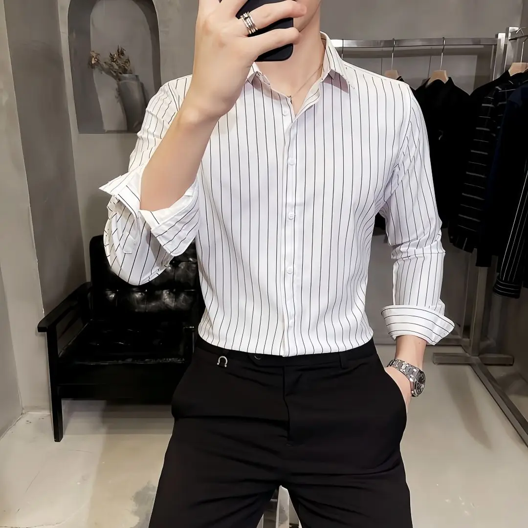 Autumn and winter new men's long sleeved shirt elastic casual fashion professional formal business striped shirt men