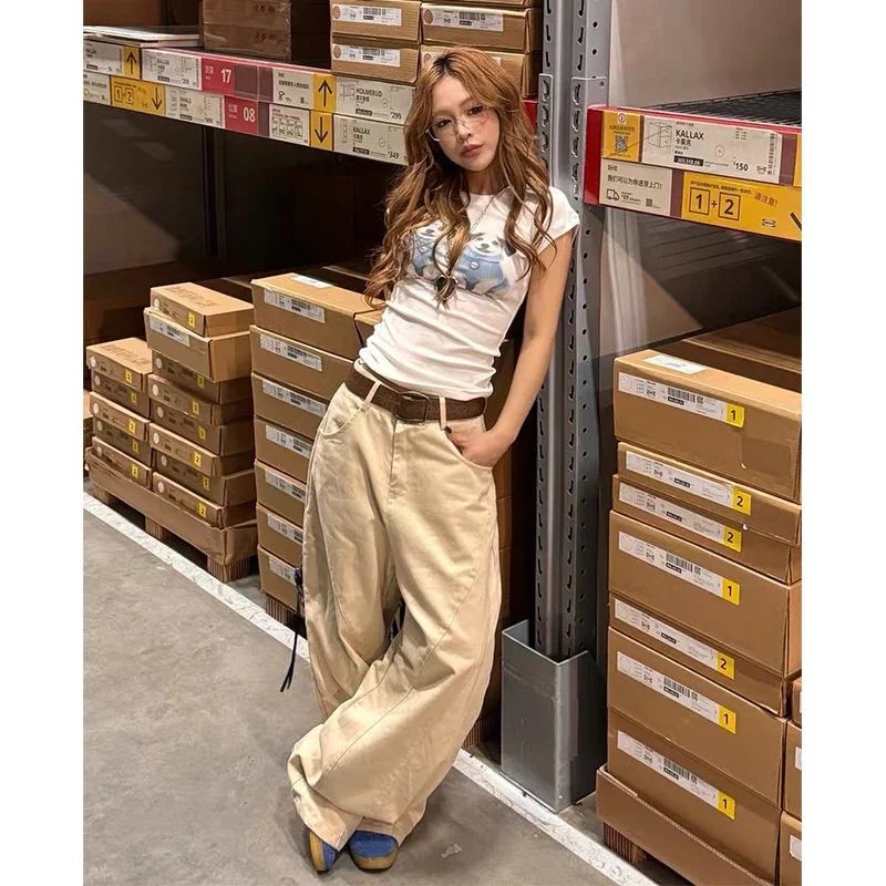 카키 자수 청바지 여성 헐렁한 데님 바지 하라주쿠 빈티지 Y2k 브라운 청바지 바지 일본 2000 년대 스타일 특대 옷