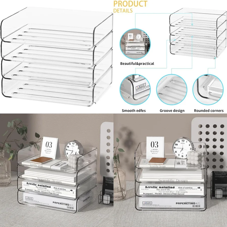 

4-уровневый органайзер для акриловых лотков для бумаги — низкопрофильный настольный сортировщик файлов для офиса и домашнего использования, прозрачный штабелируемый лоток для писем, идеально подходит для
