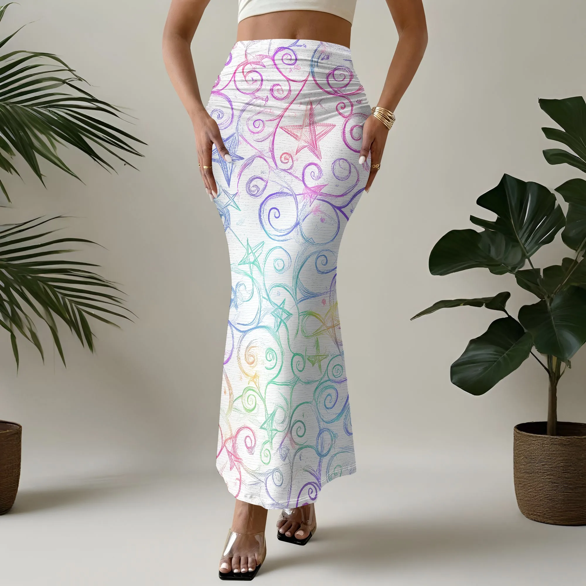Colorful Star Print Mermaid Skirt, Swirl Pattern Long Pencil Skirt, Women's Bodycon Maxi Skirt for Party Clubwear, S-3XL