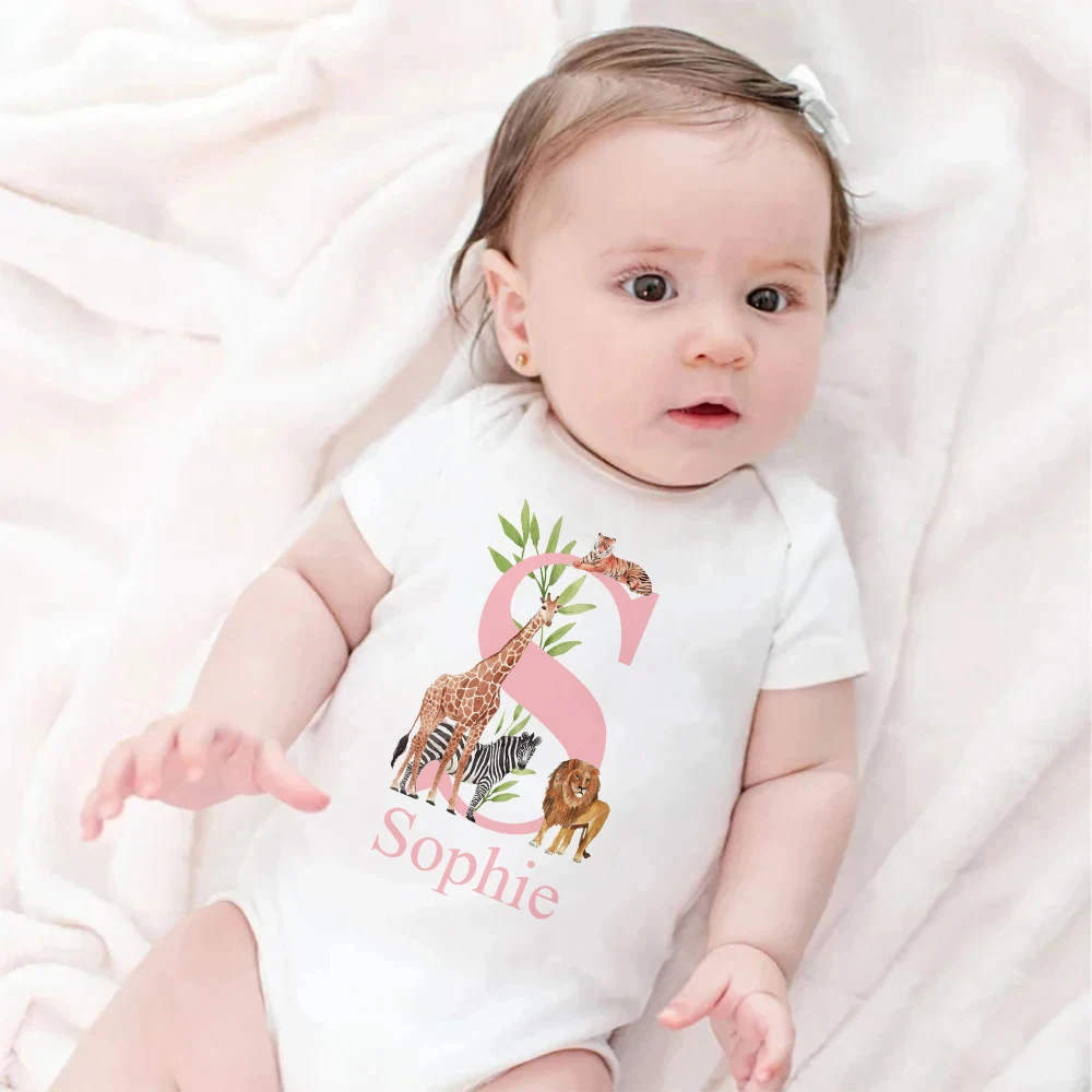 

Personalized Baby Bodysuit Custom Name Newborn Romper for Girl Safari Animal Print Outfits Baby Girls Clothes Infant Shower Gift