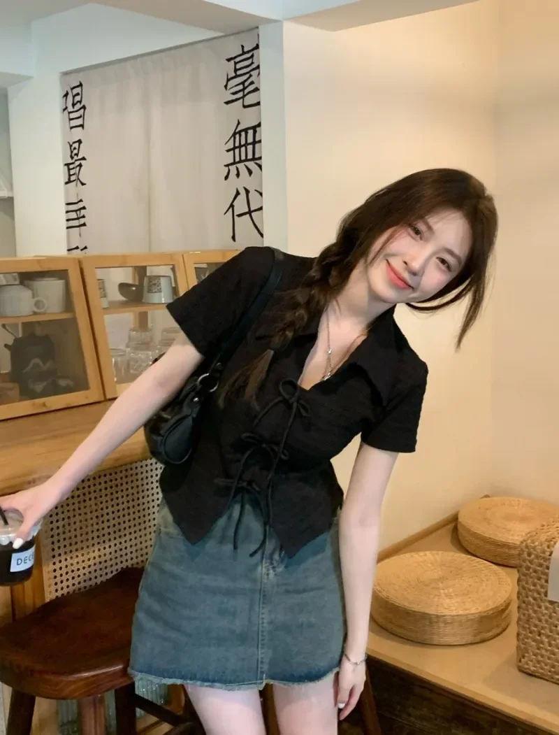 

Women's V-Neck Blouse Slim Fit Crop Tops Trendy Chic Tunics Blusas Y2k Summer Chinese Style Short Sleeved Rope Bottoming Blusa