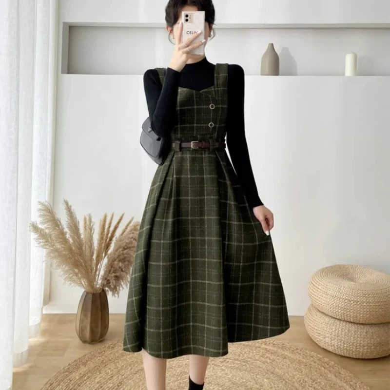 Autumn Winter Lady fashion Overalls 2 Piece Set Dress Women black Knitted Sweater Top + Plaid Tweed Slim Big Swing Midi Dress