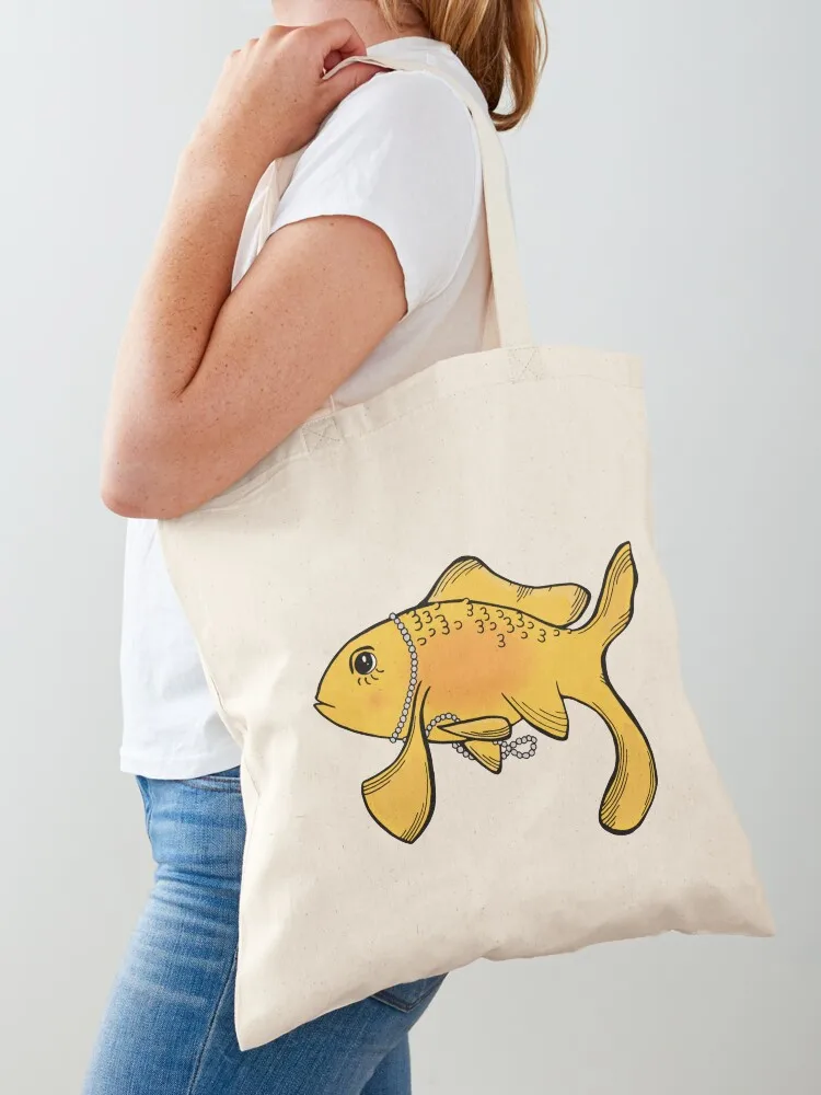Fancy Goldfish Wearing Pearls Tote Bag reusable shopping bag Portable shopping bag Women's beach bags tote screen