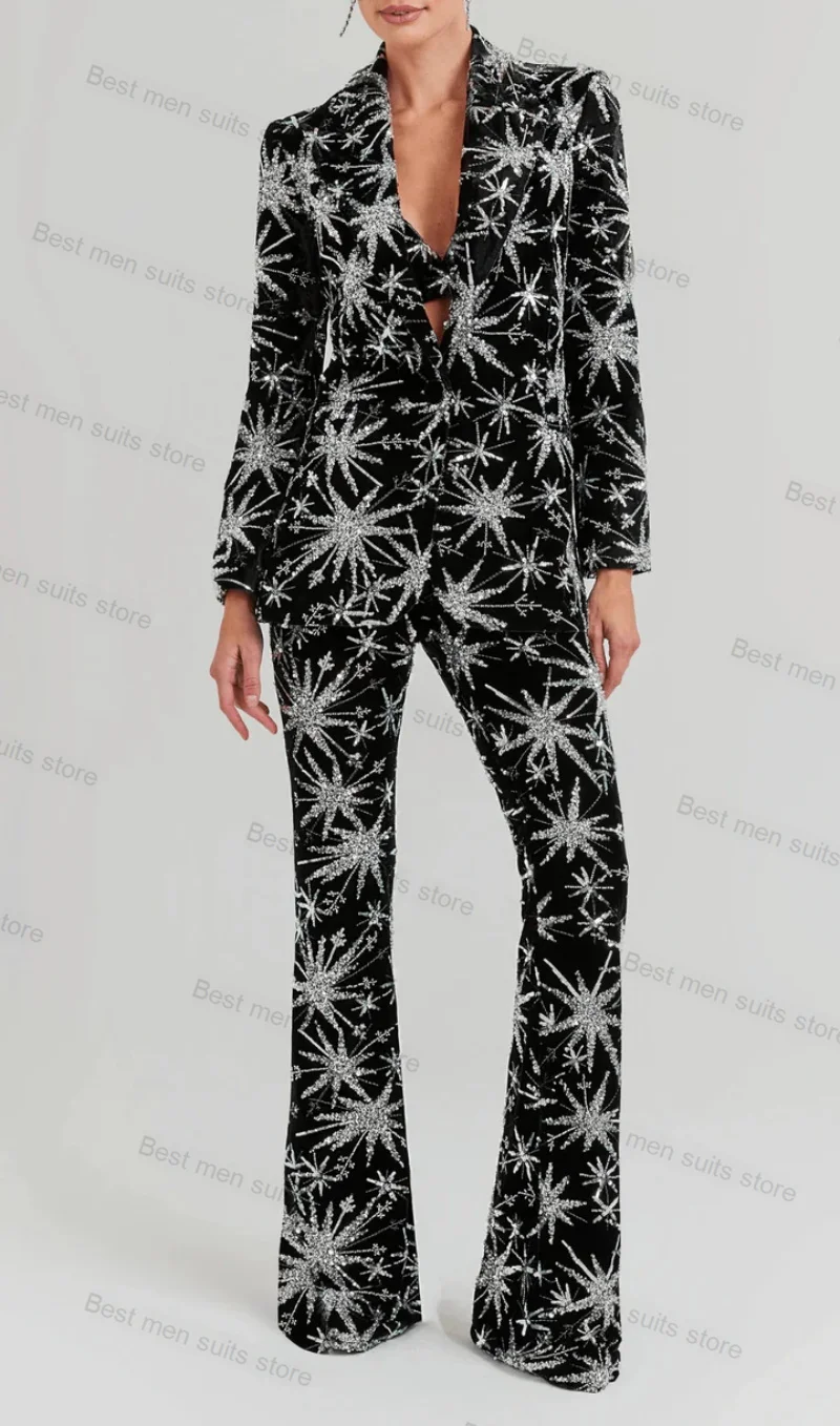 Shiny Sequins Black Women Suit Pants Set 2 Piece Blazer+Trousers Formal Office Lady Jacket Luxury Guest Wedding Prom Coat