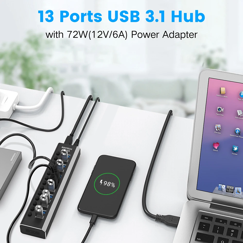 Imagem -02 - Rshtech-alumínio Usb Hub Splitter com Adaptador de Energia para Macbook on Off Switches 13 Portas de Transferência de Dados 10gbps 12v 6a 72w