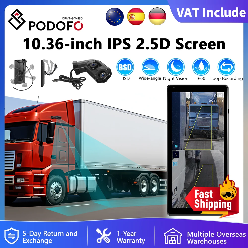 Podofo 10,36 "HD IPS pantalla DVR Monitor de respaldo 2 cámaras Radio estéreo de coche visión nocturna BSD detección de zona ciega IP68 impermeable