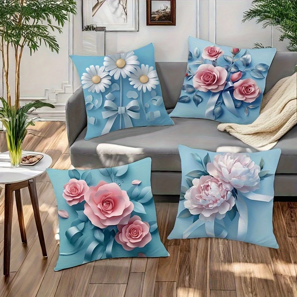 

Blue Floral & Ribbon Art Pillowcase, Artistic Elegant Design, Charming Home Decor Cushion Cover