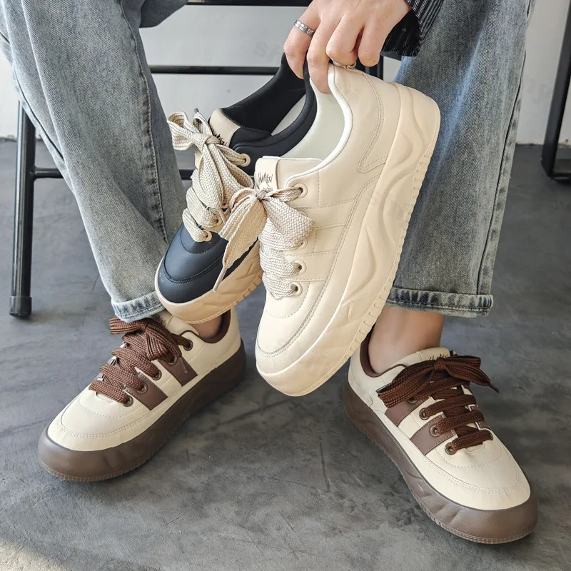 

Men White Sneakers 2025 Spring Autumn New Non Slip Platform Casual Shoes Comfortable Height Increase Fashion Lace Up Board Shoes