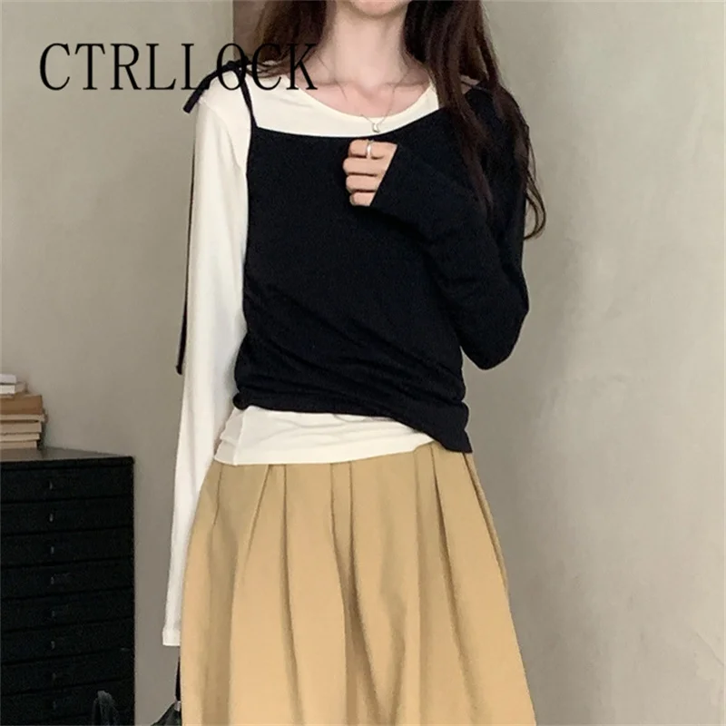 Korea Casual Color Contrasting Long Sleeve T-shirt Two-piece Tee Set For Women Autumn 2024