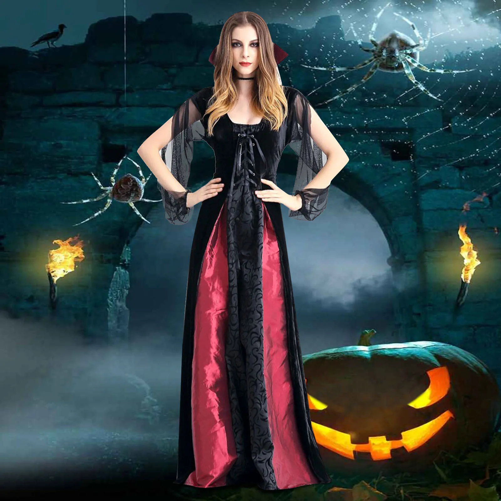 

Plus Size Medieval Cosplay Halloween Costumes for Women Carnival Witch Victorian Dress Women Gothic Retro Court Victoria Dress