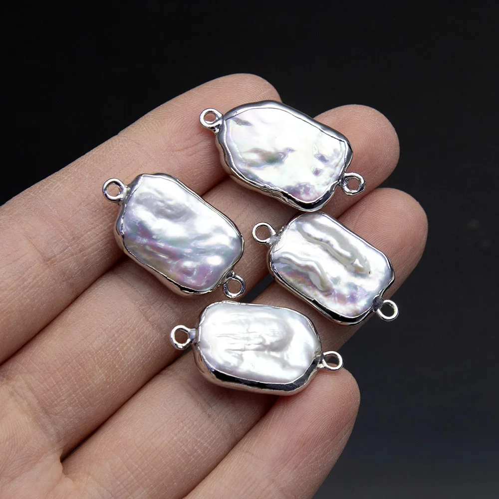1PC Natural Freshwater Pearl Pendants Connector Silver Plated Edge Irregular Rectangle 2 Hole Charms Jewelry DIY Necklace