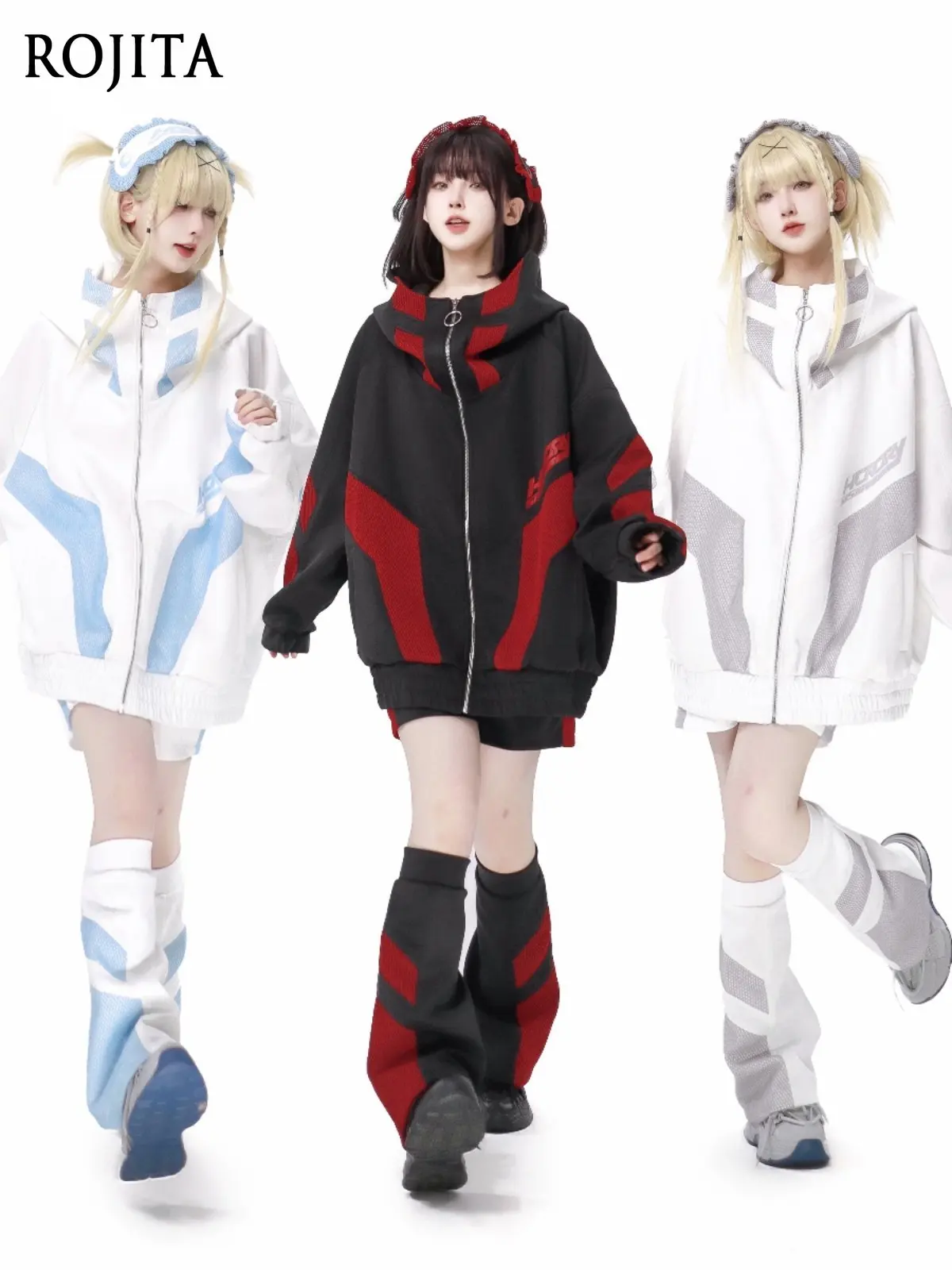 

Японский субкультурный оригинальный спортивный комплект: серо-белая, красно-черная, аква-синяя женская куртка с сетчатыми вставками и пэчворком