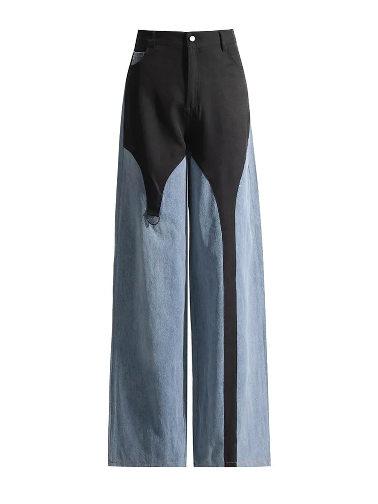 KBQ Hit Color Casual Straight Jeans For Women High Waist Spliced Pockets Loose Denim Floor Length Trousers Female Fashion Style