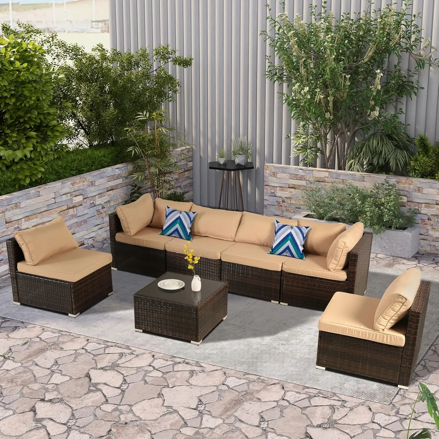 

Patio Outdoor Furniture Set 7 Pieces Rattan Wicker Sectional Sofa Couch Conversation Set with Table for Deck Lawn,