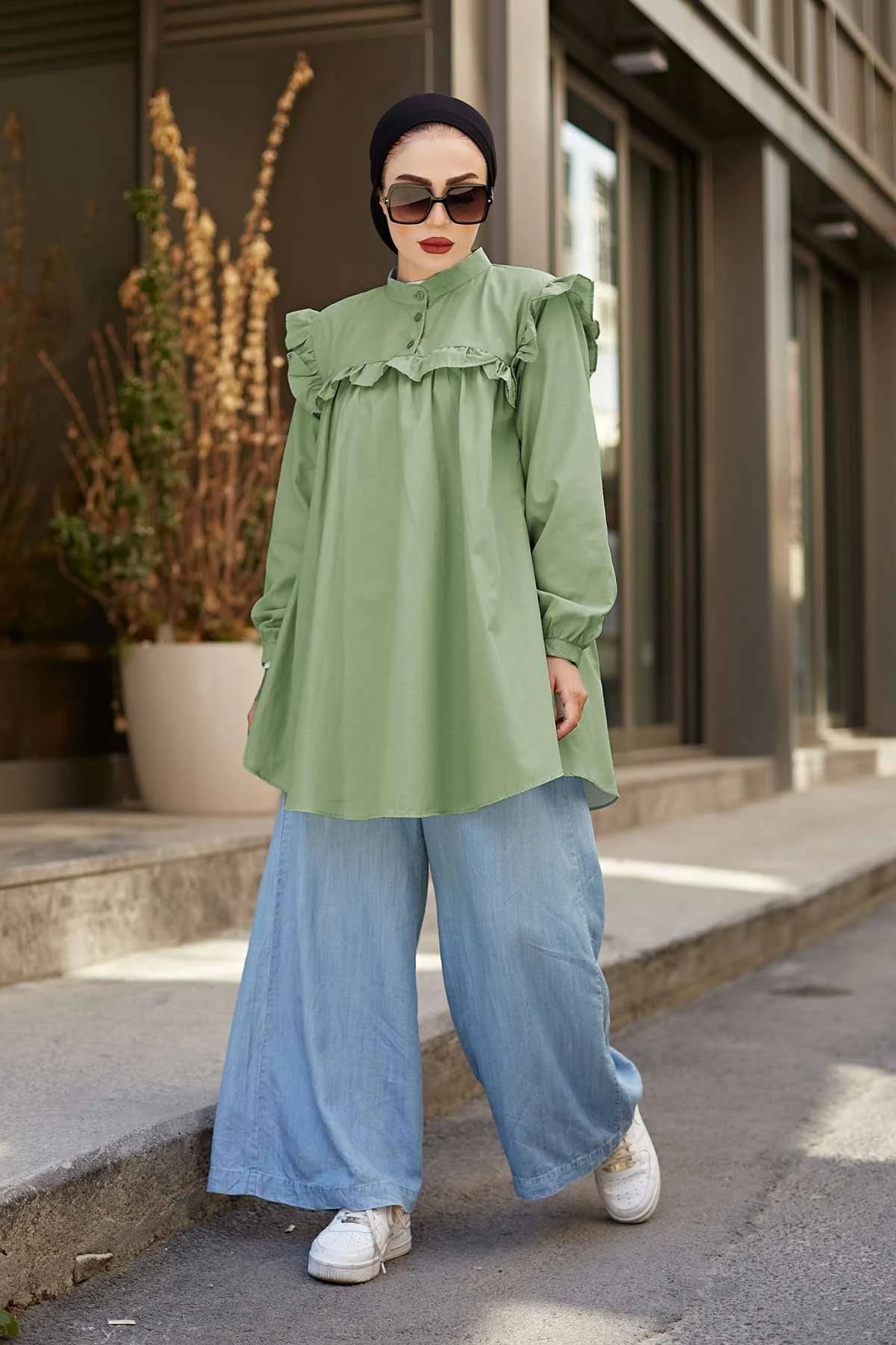 Shoulder Frilly Tunic SAG Green