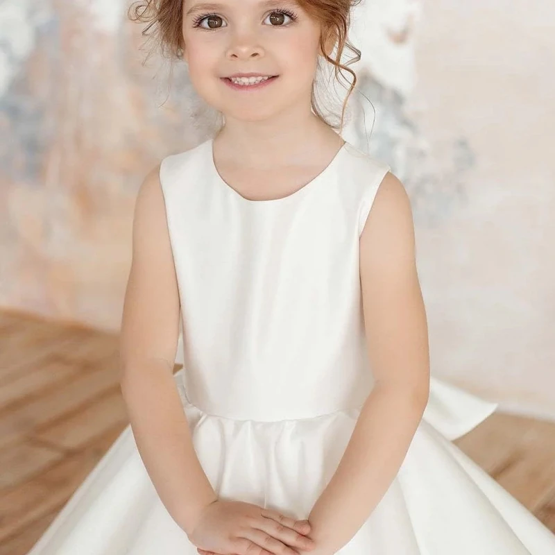 White Flower Girl Dresses Satin Solid With Big Bow Sleeveless For Wedding Birthday Party First Communion Gowns