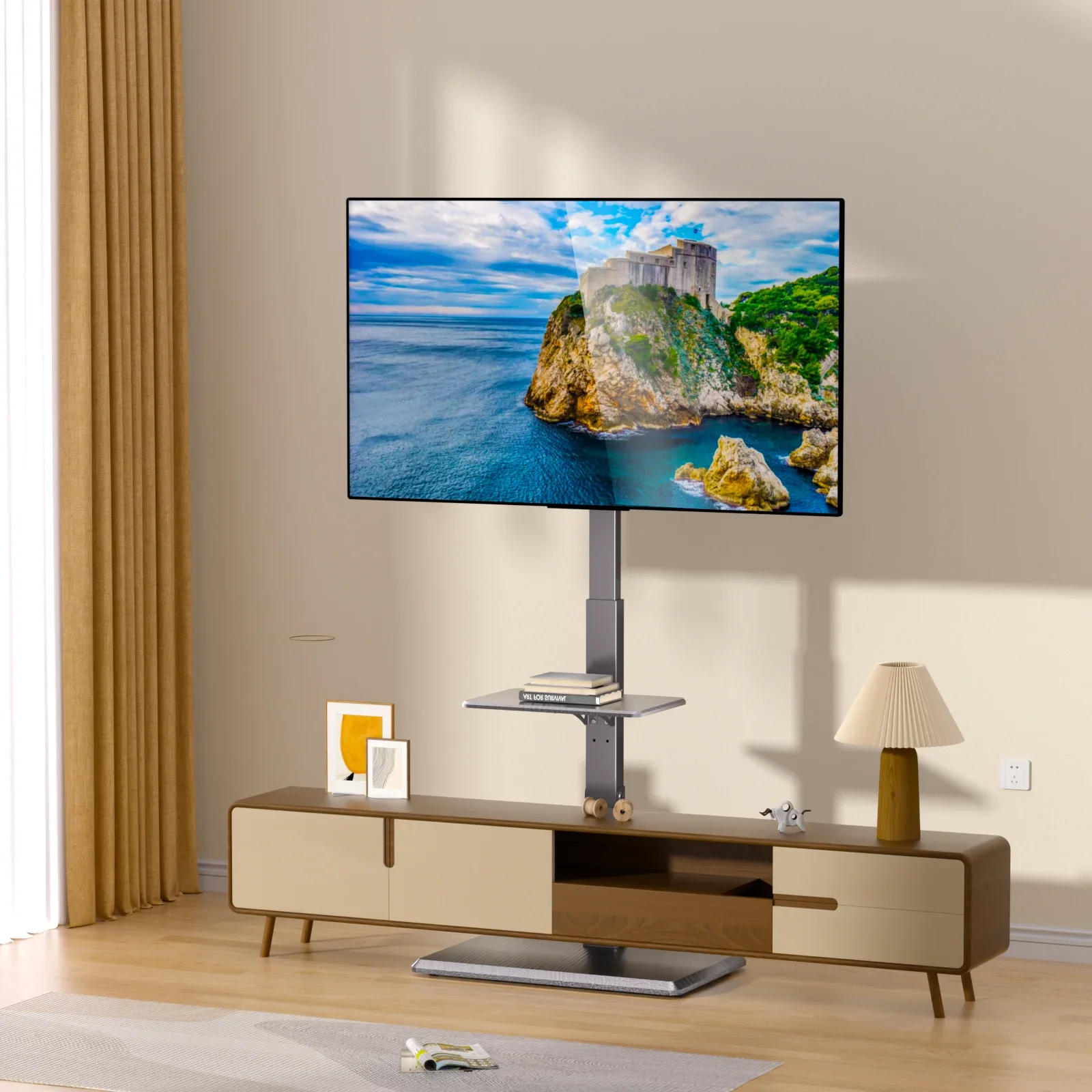 Nuovo Design mobili soggiorno porta TV in legno porta TV con presa di corrente staffa in piedi da 65 pollici