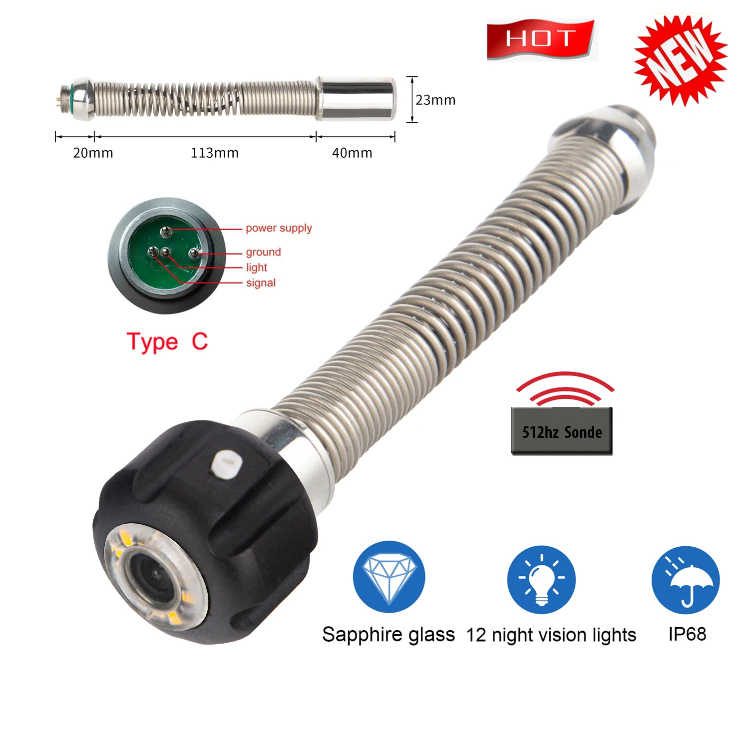 23mm Stainless Steel Industrial Pipeline sewer pipe Endoscope Camera Head waterproof IP 68 HD 1000 TVL Used For Pipeline Inspect