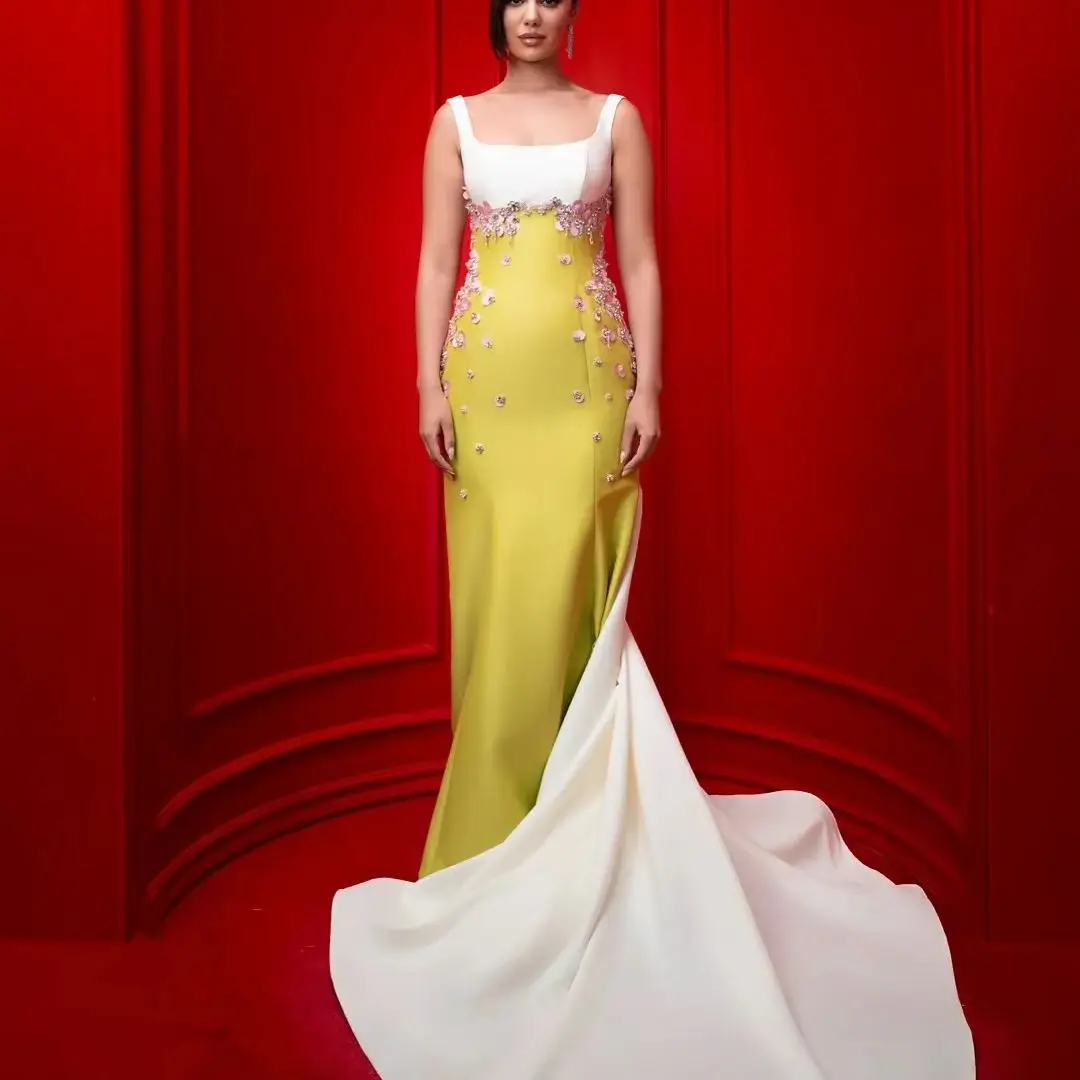 Sierlijke lavendel satijnen avondjurk sexy hoge split ruches taft zeemeermin galajurken luxe feestjurk voor beroemdheden