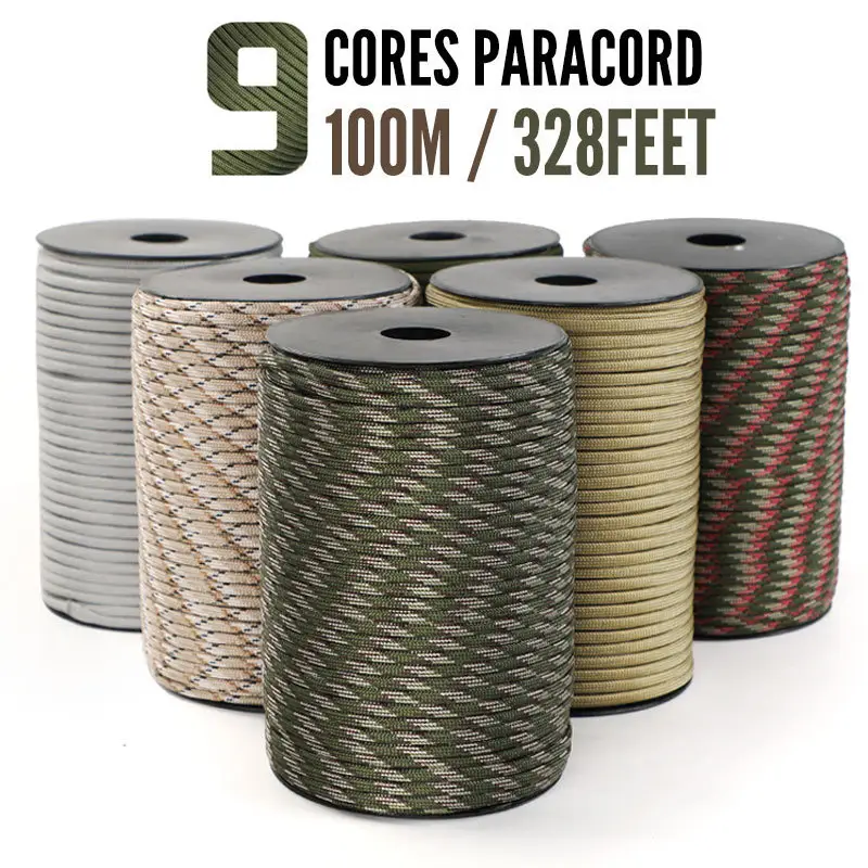 9 núcleos 650lb paracord 100m dia.4mm padrão militar pára-quedas corda tenda cordão acessórios para sobrevivência pulseira diy fazendo