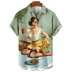 Medieval Sexy Girls Print Summer Men's Shirts Casual Oversized Short Sleeve Fashion Single-Breasted Blouses Trend Lapel Shirts