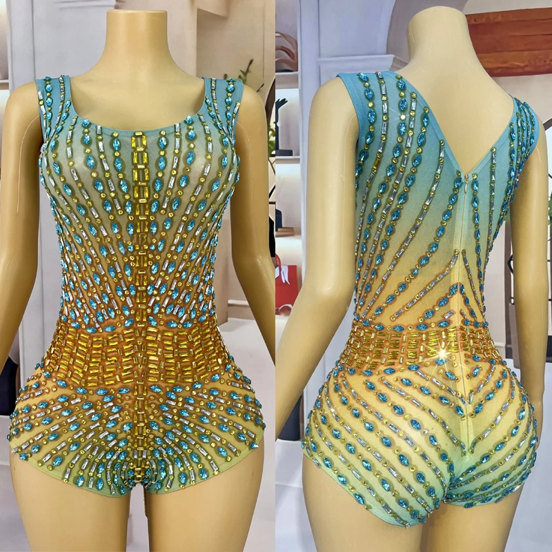 

Colorful Rhinestones Party Bodysuit Women Singer Festival Outfit Bar Nightclub Dj Ds Gogo Costume Drag Queen Clothing XS8900
