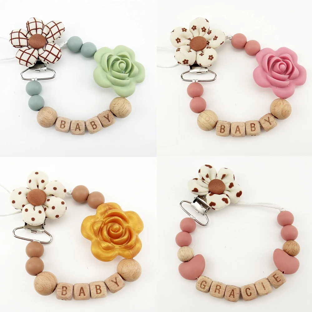 New Handmade Free Personalized Name Silicone Wood Pacifier Clips Safe Teething Chain Cute Flower Eco-friendly Dummy Clips Holder