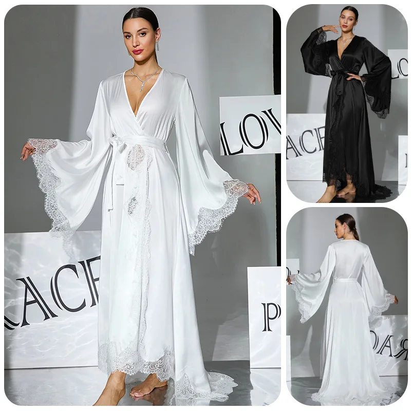 

1 Piece Fashion Luxury Satin Lace Robe Bell Sleeve Wrap Robe Soft Chic Black White Color Elegant Sexy Loungewear for Women