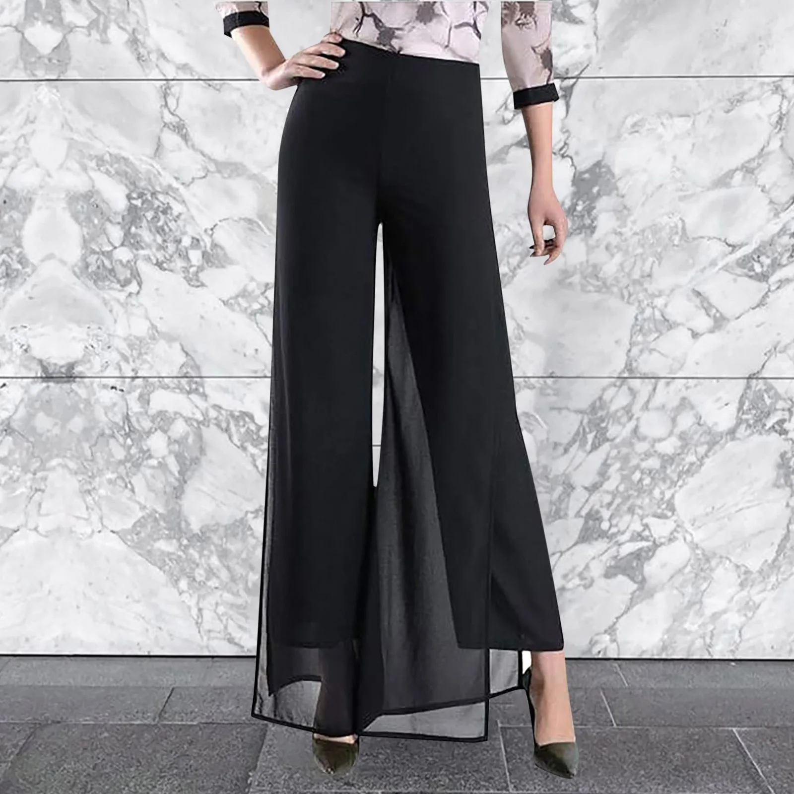 Women'S Autumn Pants Solid Color High Waist Double Layer Side Slit Wide Leg Long Pants Spring Vintage Flare Trousers Casual 2024